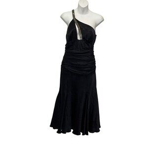 Dina Barel Vintage  Black Rhinestone Strap One-Shoulder Satin Midi Dress Women's